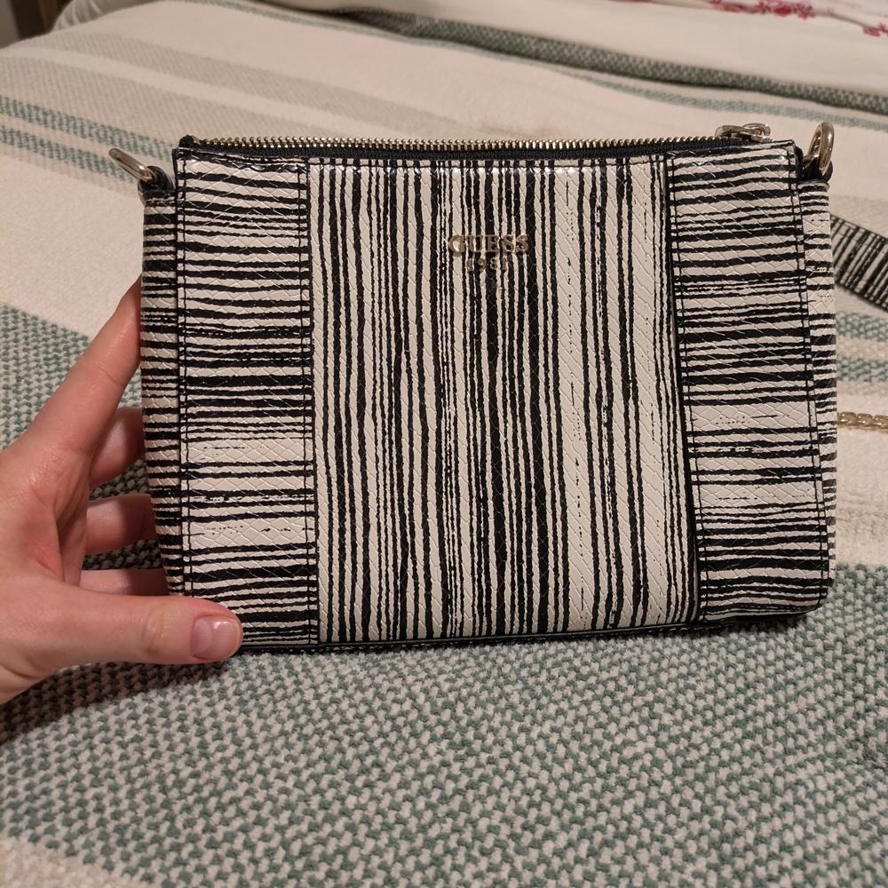 Guess Black & White Striped Faux Leather Mini Crossbody Bag